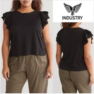 Industry Republic Double Flutter Sleeve Cotton Top In Black Size XS